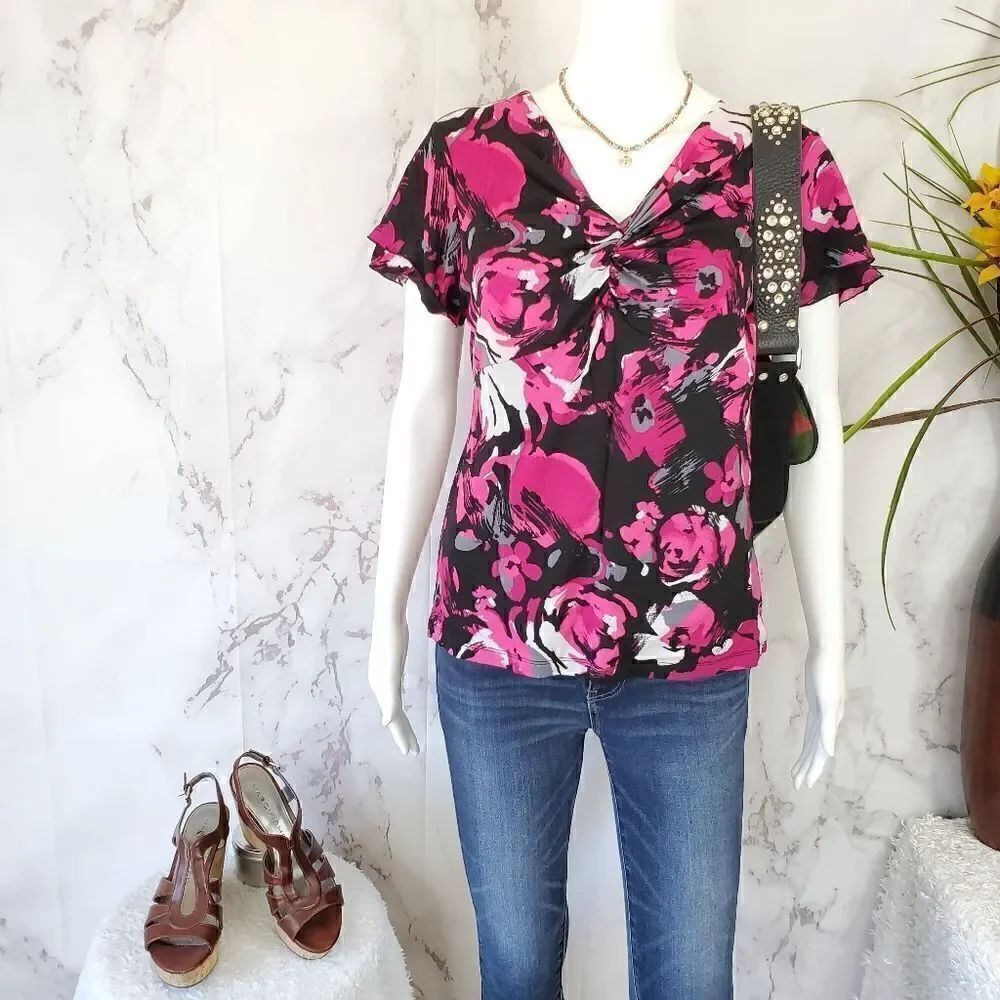 Style & Co pretty floral print v neck pullover top
